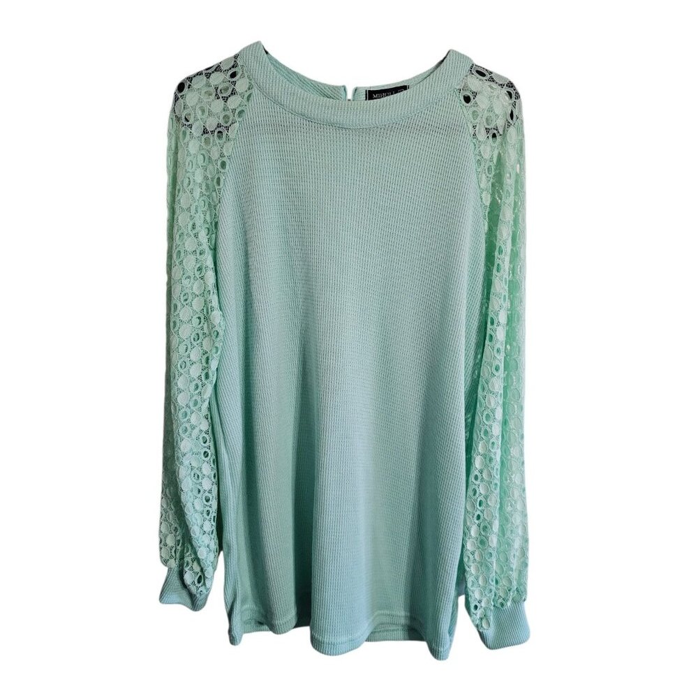MIHOLL Womens Large Mint Green Waffle Knit Lace Sleeve Blouse Top Luxury Preppy - Picture 2 of 6